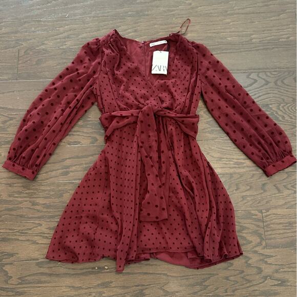 Zara Maroon Polka Dotted Mesh Mini Dress SZ Small NWT - Picture 2 of 11